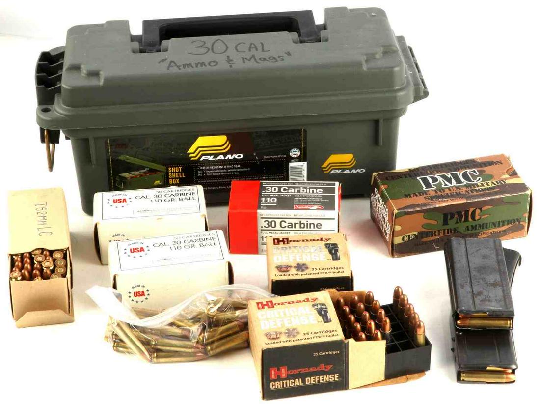 328 RDS .30 CARBINE AMMO SOME IN BOX W AMMO CAN: 328 rounds of .30 carbine ammo, boxes are partially full, the rest are loose. One 30 rd and one 15 rd steel magazine included. Plastic ammo can measures 14 X 5 X 6 inches.