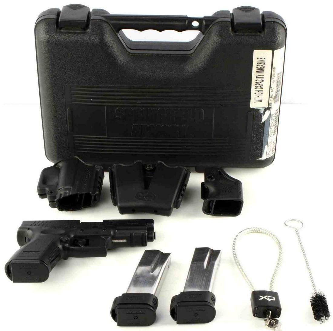 SPRINGFIELD ARMORY XD-45 HANDGUN WITH CASE: Springfield Armory XD-45 handgun with case, belt holster, magazine loader, magazine holder, 1 10 round magazine and 2 13 round magazines. Fires 45ACP. Clear and bright bore. 4 inch barrel marked to ri