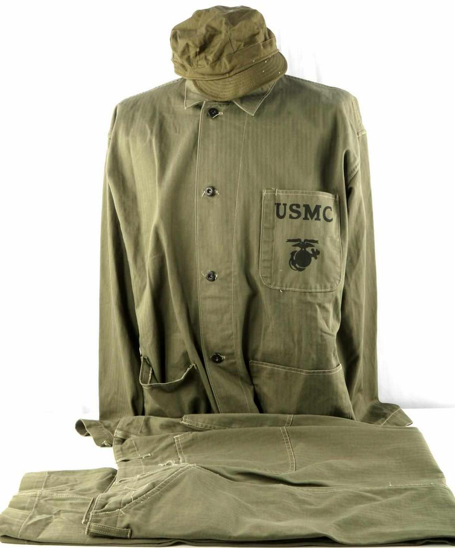 WWII USMC MARINE HBT LARGE SIZE 3 PIECE UNIFORM: The blouse is an unusually large U.S 46 chest, trousers about a 34/36 waist, inseam 34 inches, no tag on Blouse but trousers are dated 1942, by ATF Mfg., cap size 71/4 by Kansas City Cap, no EGA, USMC