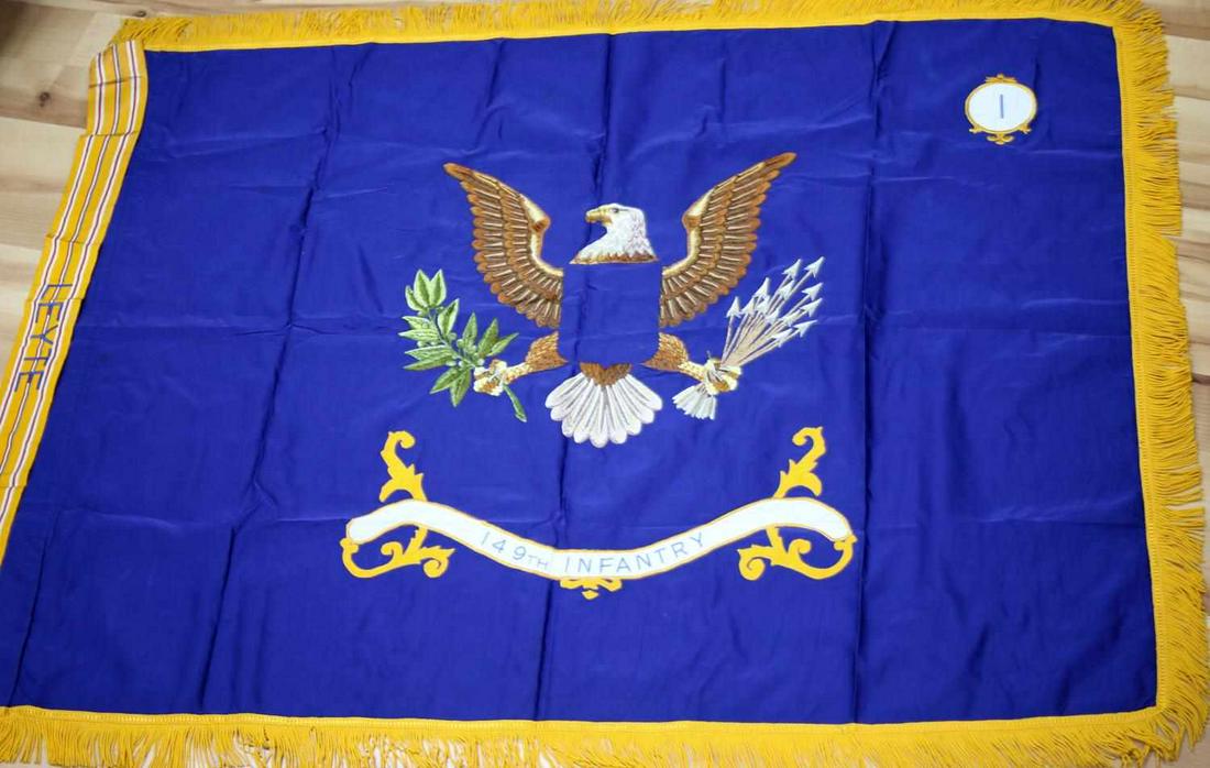US 149TH INFANTRY REGIMENT BATALLION FLAG LEYTE: Double-sided satin material with yellow fringe, 149th Infantry image sewn onto blue background, Leyte ribbon for Battle of Leyte included. Measures 36.5 X 48 inches. Very good condition.