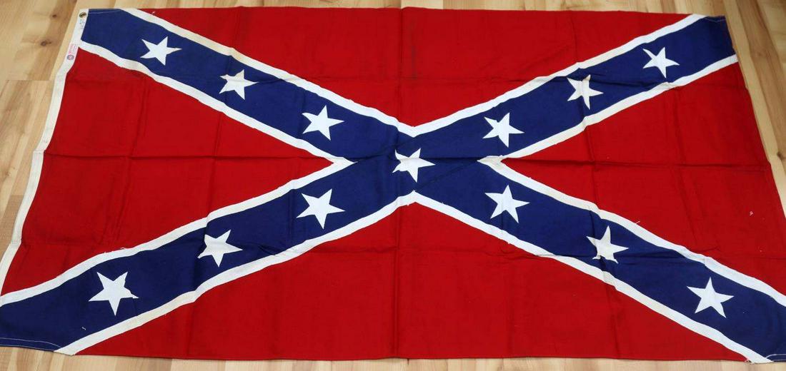 VINTAGE MID CENTURY ANNIN CONFEDERATE BATTLE FLAG: Vintage Mid-Century possible reunion Confederate battle flag. Annin and Defiance tag dated to 1940's. Two-ply cotton bunting construction. Provenance states the flag is from a shop owned from 1950-198