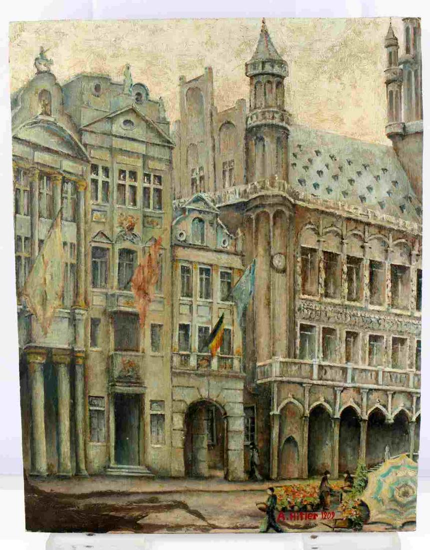 ADOLF HITLER 1909 ARCHITECTURAL OIL PAINTING: 21 x 16 3/8 inch Architectural themed oil painting on heavy paper (mounted to a 5 mm thick doubled card stock) dated 1909 (Vienna Period) and signed by Adolf Hitler (1889 – 1945) Austrian-born Germa