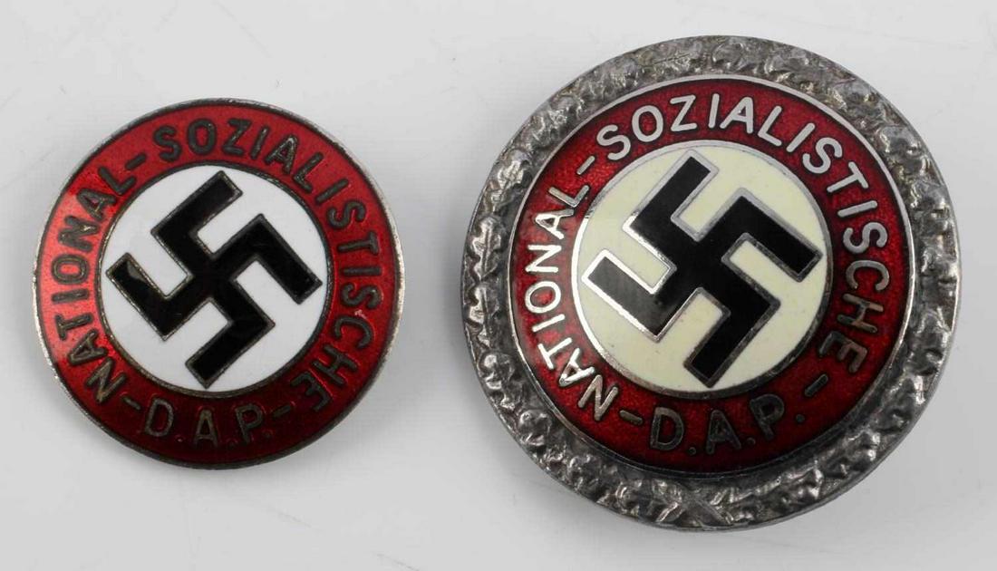 WWII GERMAN REICH TWO NSDAP PARTY PIN BADGES: WWII German Reich two NSDAP party pin badges, one for uniform wear and one for suit wear. Uniform badge is marked "Ges. Gesch- Deschler & Sohn- Munchen - 1753" on reverse and features a vertical pin b
