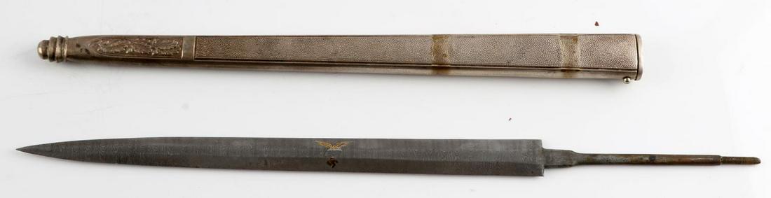 WWII GERMAN THIRD REICH ETCHED LUFTWAFFE DAGGER: Blade and scabbard only P.D. Luneschloss maker, etched "To Protect the Best" 1935 flight group III, Damascus blade, dent free pebble scabbard, unmarked tang blade measures overall 14.5 inches, very go