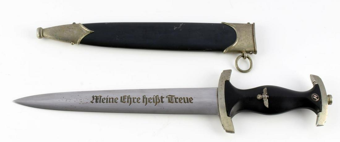 WWII GERMAN WAFFEN SS M33 BOKER CATHEDRAL DAGGER: Third Reich SS M33 Boker Cathedral dagger. Steel blade with "Meine Ehre heist Treue" and 2nd version Boker mark on reverse. All 100% solid nickel fittings, crossguard, upper scabbard, and lower chape.