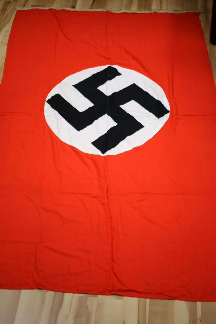 WWII GERMAN THIRD REICH NSDAP PARTY BANNER: Measures 45 1/2 inches wide by 78 inches tall. Burlap hoist, stitched design on both sides. Does not fluoresce, no tags or stamps. No rips tears or staining, very good condition.