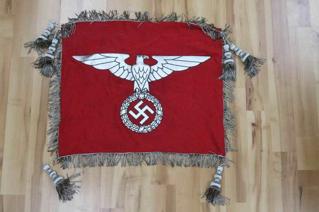 WWII GERMAN THIRD REICH SA NSDAP FLAG BANNER: Third Reich SA NSDAP banner. Stabchef Rohm Schllenbaum type flag. One side features Reichsadler while the other features large SA insignia with SA der NSDAP Stabschef Ernst Rohm. Border is silver frin