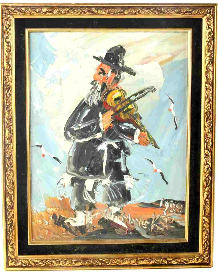 MORRIS KATZ THE FIDDLER AND THE BIRDS 1989: Morris Katz, oil on masonite piece titled "The Fiddler and the Birds," measures 15.75 X 19.75 inches in frame, piece alone measures approx. 14 X 18.25 inches. Dated 1989 and signed in oil paint on bot