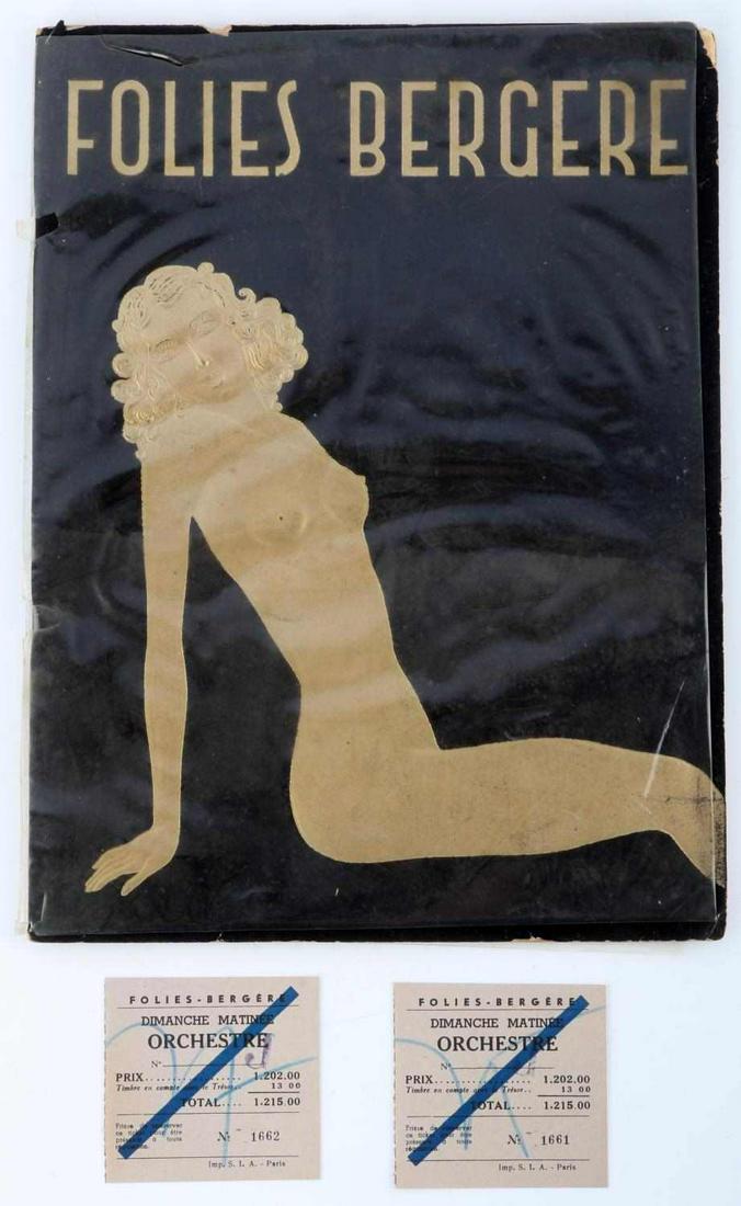1940'S PARIS FOLIES BERGERE YVONNE MENARD NUDE: Program for the Paris Follies with 2 original used tickets to same, good original condition.