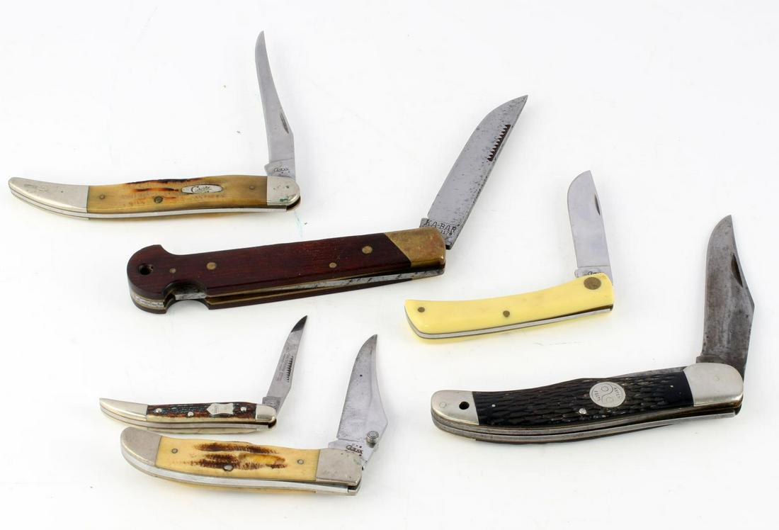 LOT OF 6 POCKET KNIVES KA BAR CASE SOLINGEN KNIFE: Includes: Asten Felts Ka-bar 2-blade, Ka-bar 1179, Case 6.510098 SS, Case 6.51265LC SS, Carl Schlieper Solingen Germany toothpick, and Case XX 3137 SS with bakelite grip. Good condition.