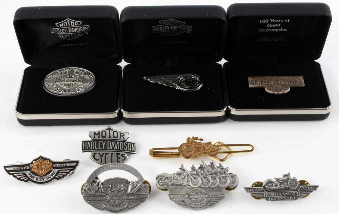 LOT OF 9 HARLEY DAVIDSON PINS SILVER STERLING: 5 sterling pins combine to weigh 54.1 grams 2 in case. 3 Non silver 100 year anniversary pins one in case, 1 Harley Davidson motorcycle tie clip.