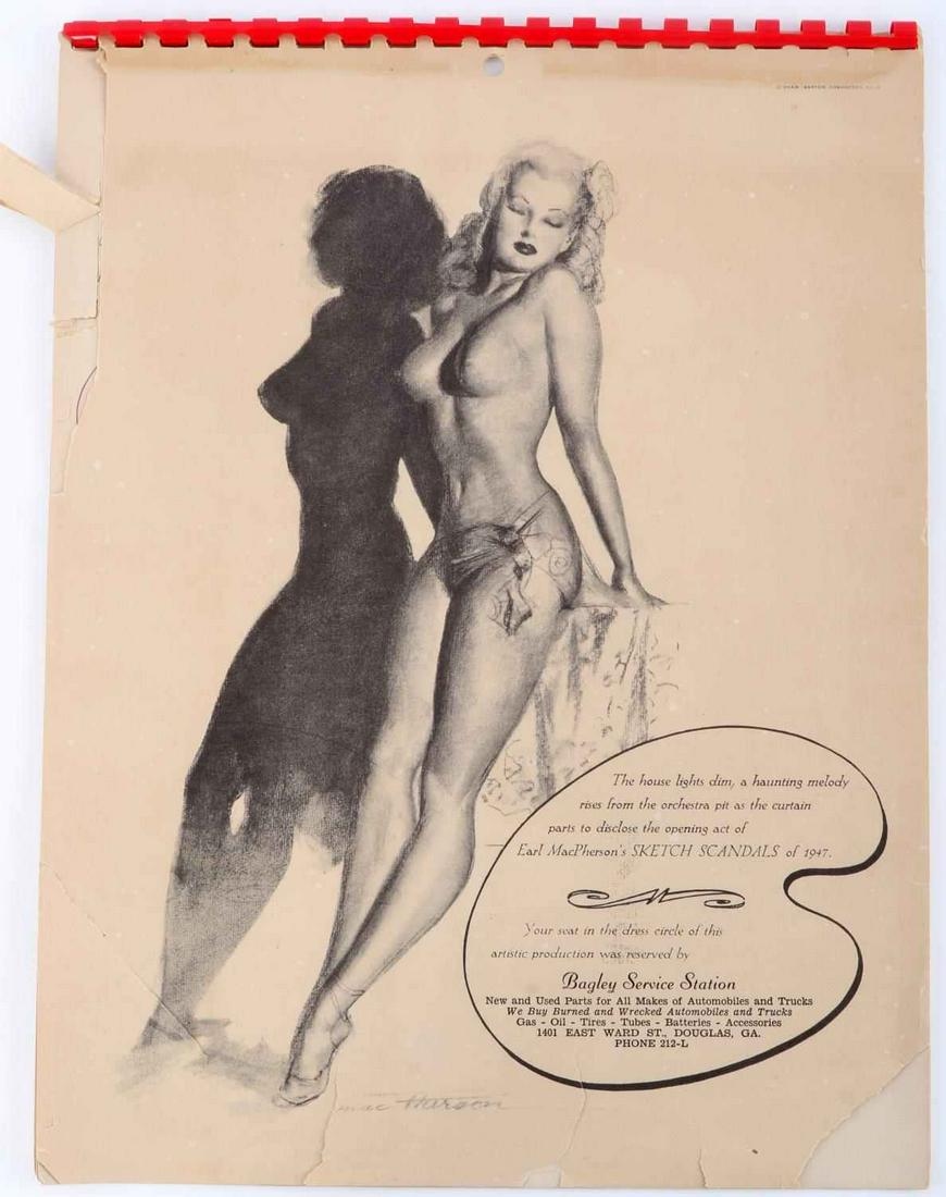 1947 EARL MACPHERSON PINUP CALENDAR SKETCH SCANDAL: 9.5 inches by 13 inches, some tears to paper but art is not disturbed.