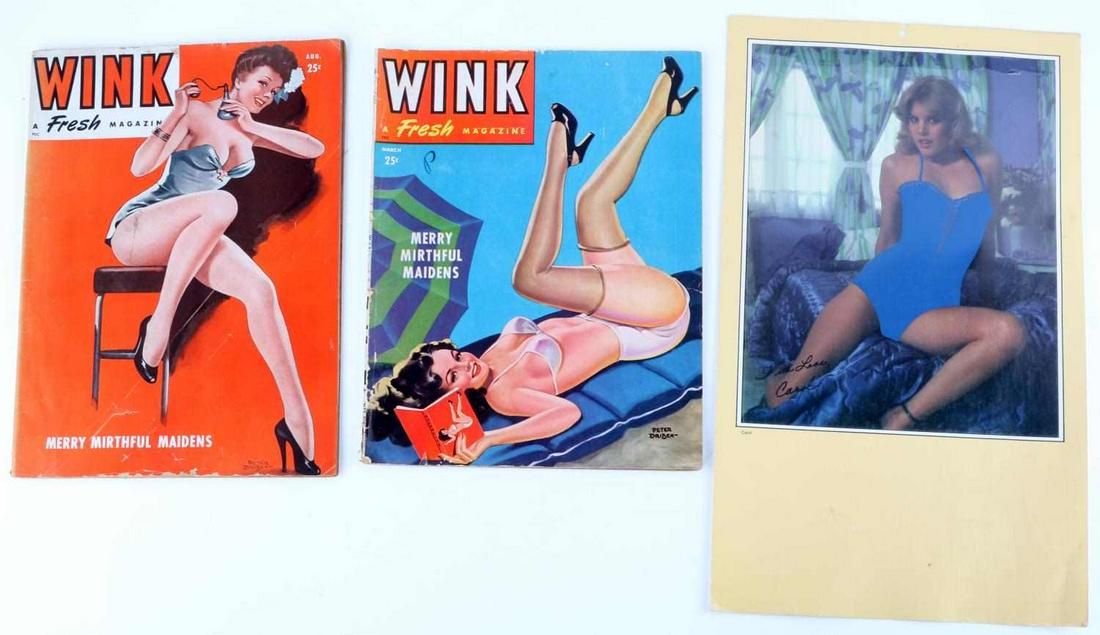 LOT OF 3 1946 WINK MAGAZINE PETER DRIBEN AND PHOTO: Wink Fresh Magazine March and August issues included. Cover and back detached on both no tears to inside pages. Picture that reads "with love, Carol" and flip up plastic cover.