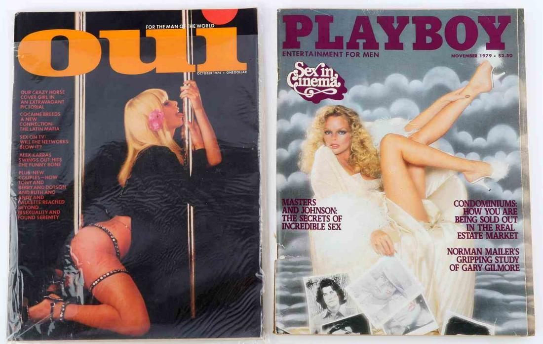 1979 & 1974 PLAYBOY AND OUI MAGAZINES CENTERFOLD: November 1979 Playboy Magazine tear to front and back, inside pages undisturbed. October 1974 Oui Magazine in plastic sleeve no damage.
