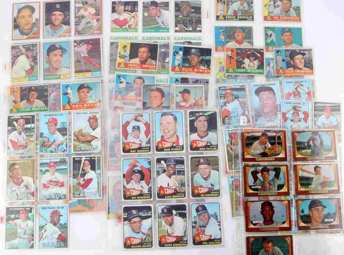 118 ASSORTED 1960'S STL CARDINALS BASEBALL CARDS: 118 assortments of Saint Louis Cardinals Topps 1960s baseball cards. Players include Stan Musial, Hal Smith, Joe Cunningham, and others. Some cards better than others. 4 and below.