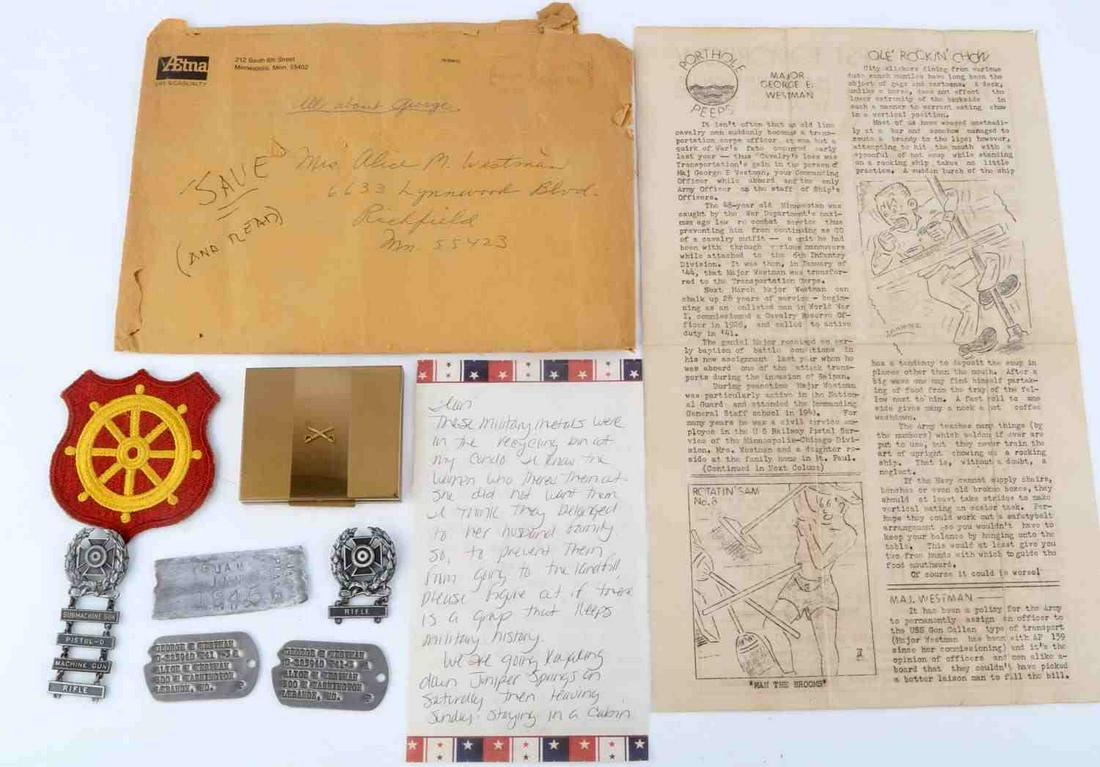 US MILITARY GI ARCHIVE LOT OF 10 NAVY TAGS BADGES: Lot features sterling marksmanship badges for submachine gun, pistol, machine gun, and rifle. A metal piece from a Japanese plane in Guam. Dog tags named to George E Westman with a letter from Mary Sl