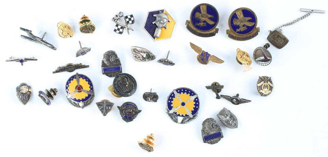 32 GENERAL AVIATION STERLING GOLD BOEING WRIGHT: Lot features 32 general aviation and civilian service pins. Some brands include Boeing, Wright Brothers corps, Chevrolet, United Air lines, and more. Horizontal and push pins. Sterling marked on most.