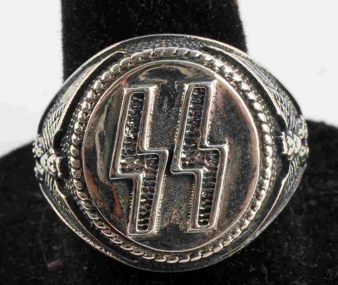 WWII GERMAN WAFFEN SS SILVER RING WITH SS RUNES: Size 10 marked 5925. Signature inside reads "L ll Walter 21 12 44 h. Himmler" Unauthenticated, sold as is.