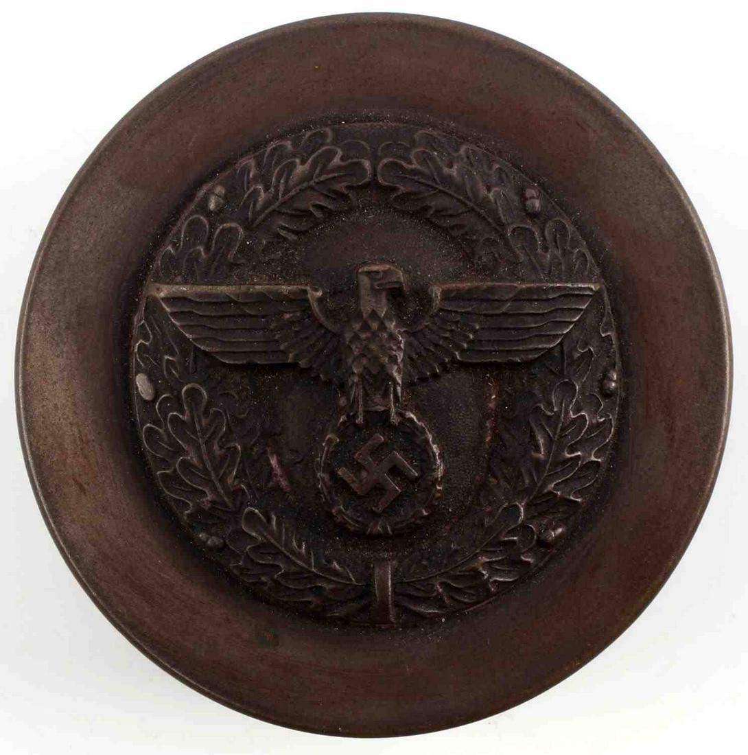 WWII THIRD REICH GERMAN REICHSADLER PILL BOX: WWII German Third Reich Reichsadler Pill Box. Depicts oak leaf motif with national eagle clutching swastika in talons. 2 3/4 inches in diameter. 1 inch tall. Aging to interior and slight scuffing to b