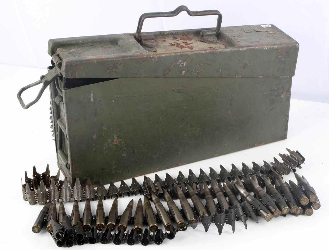 WWII GERMAN THIRD REICH MG 34 AMMUNITION CAN AMMO: Third Reich mg34 ammunition can, ammo, and 2 fifty round belts. 29 8mm Mauser bullets. Can is in good condition with some oxidation. Still mostly coated in green paint. Bullets are in very good condit