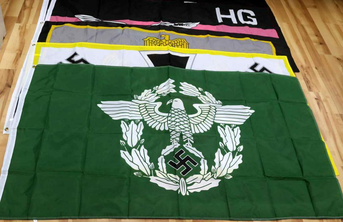 5 WWII GERMAN THIRD REICH 34X59 INCH HOMAGE FLAGS: Historical representations not period pieces, as photographed, sold as is.