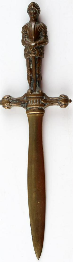 WWII GERMAN THIRD REICH DAGGER LETTER OPENER: Miniature dagger letter opener. Belgium engraved on one side. Grip is in the shape of a knight. Brass construction. Measures 8 inches. Good condition. Unauthenticated, sold as is.