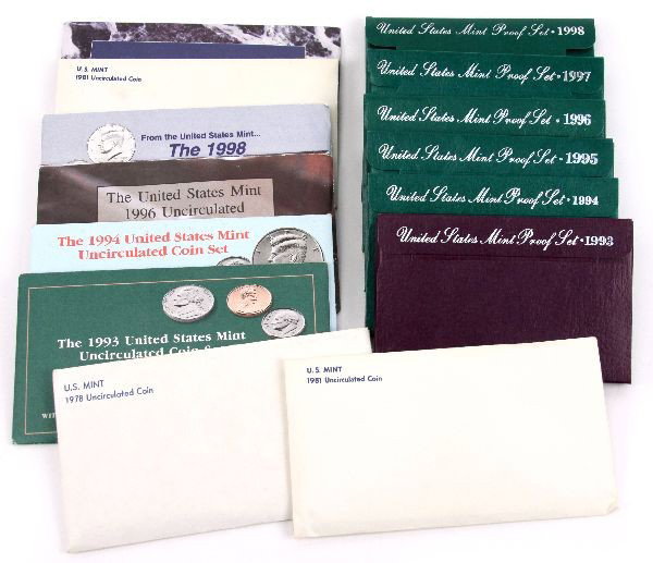US MINT UNCIRCULATED AND PROOF SET LOT OF 14 SETS: 14 sets all as issued by the Mint they are P&D Unc sets 19781981, 1981, 1993, 1994, 1996, 1997, and 1998, a date run of proof sets 1993 to 1998 6 sets.