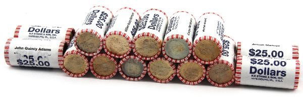 PRESIDENTIAL DOLLARS $375 FACE BU ROLLS 15 TOTAL: A group of BU presidential dollars 2 rolls per president except Washington where there is 1, J.Q. Adams , John Adams, James Monroe, James Madison, Andrew Jackson, William Henry Harrison, Thomas Jeffer