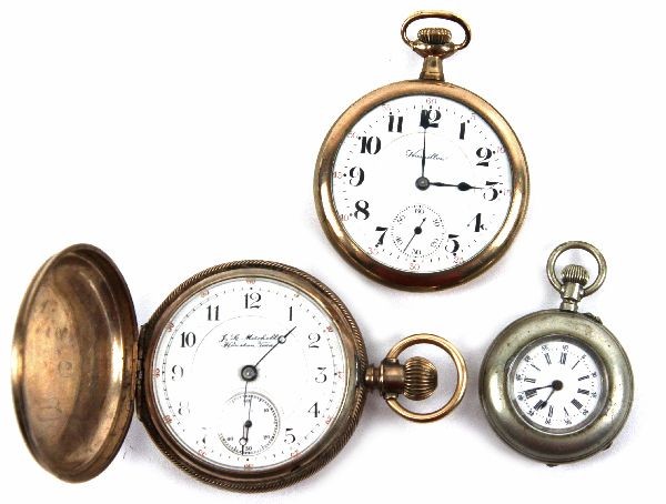 POCKET WATCH LOT MITCHELL HOUSTON HAMILTON & MORE: A collection of 3 antique pocket watches consisting of a J.L. Mitchell Houston Texas SN/692954 B.W. case co. tooled case in rolled gold 44mm face in porcelain starts and is not over wound, a Hamilton 