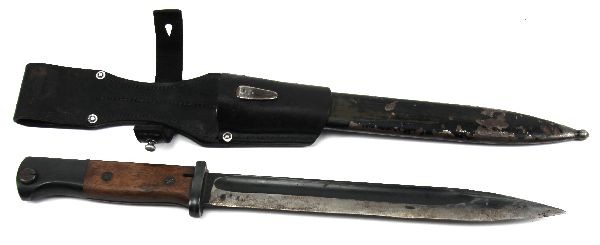 WWII ERA GERMAN S84/98 BAYONET WITH FROG: WWII era S84/98 Mauser knife bayonet, with scabbard and frog. Rolled steel ball finial scabbard, wih black enamel. Numbers non matching. Finish on scabbard is about 60%. Bayonet has some contact wear,