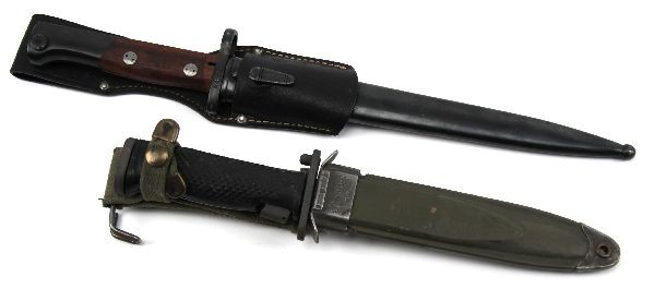 LOT OF TWO BAYONETS US K M5A1 AND MAUSER K98: Lot of two bayonets. US Model K M5A1 Garand bayonet with M8 scabbard, and K98 Mauser bayonet, with Cyrillic markings on ricasso.