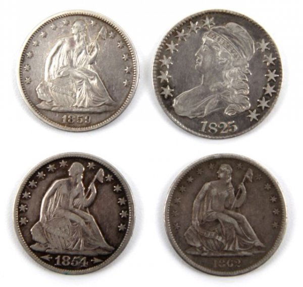 1825 CAPPED BUST 1859 1854 1862 SEATED LIBERTY: 1825 CAPPED BUST 1859 1854 1862 SEATED LIBERTY A lot of 3 seated half dollars and an 1825 capped bust an XF but cleaned, the 1862s and 1854o arrows seated coins are VG/F, 1859 seated is VF but cleaned