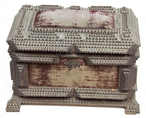 WWI ERA POW OR TRAMP ART JEWELRY BOX WITH KEY: WWI ERA POW OR TRAMP ART JEWELRY BOX WITH KEY This box is very well made and has a key latch with original key. 11 inches by 7 inches by 7 inches. Red crushed velvet insert panels faded and worn. Inte