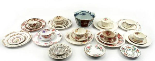 SPODE & MORE TEA HOUSE LOT- CUPS SAUCERS PLATES: SPODE & MORE TEA HOUSE LOT- CUPS SAUCERS PLATES A large grouping of Spode, Wedgewood, and Staffordshire porcelain china. Pieces include: 4 pieces of Spode cowslip (tea cup (small crack), saucer, bread