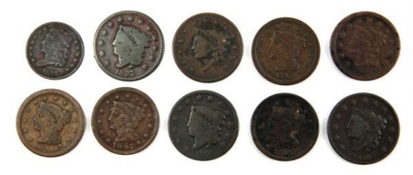 HALF CENT & LARGE CENT LOT OF 10 COINS: HALF CENT & LARGE CENT LOT OF 10 COINS A good grouping of large and a half cent 10 total as follows, 1833 half cent VG, 1827 AG, 1828 AG, 1830 F, 1835 VG, 1845 VG, 1845 f,1847 AG, 1852 AG, 1853 VG.