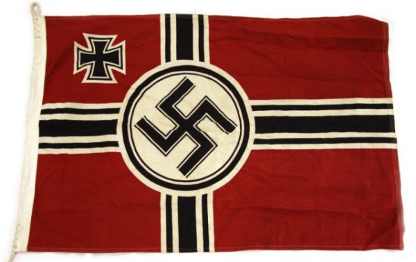 WWII NAZI GERMAN NAVAL FLAG REICHKRIEGSFAHNE: WWII NAZI GERMAN NAVAL FLAG REICHKRIEGSFAHNE Flag measures 34x22 inches. Cords are present. Very good condition.