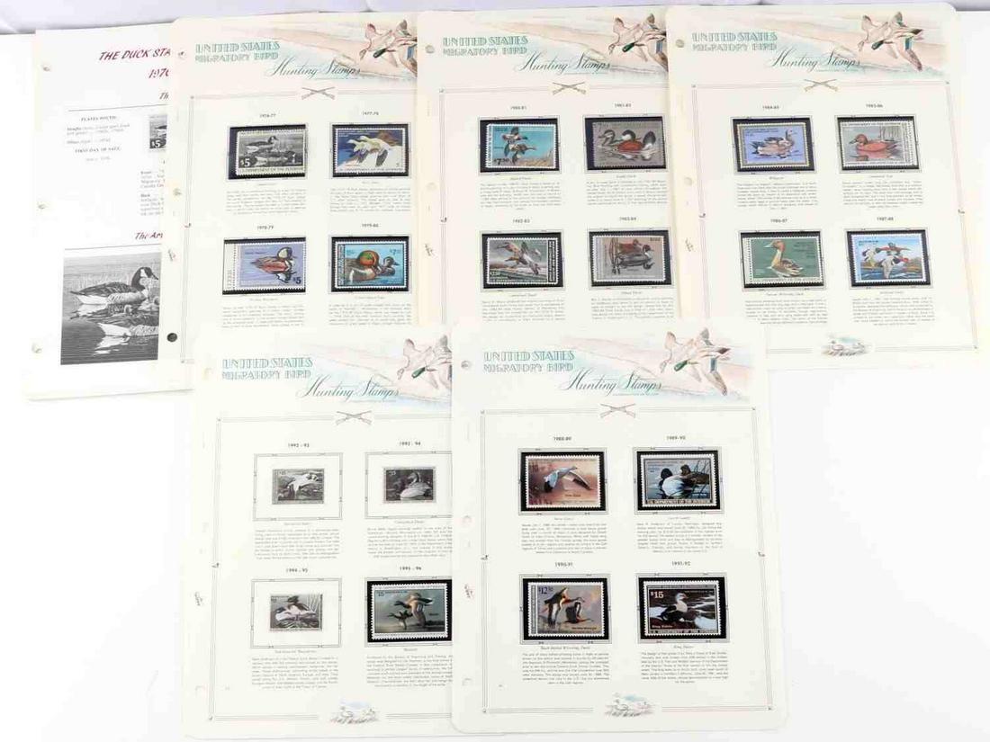 13 1976-1995 US MIGRATORY HUNTING DUCK STAMPS: 13 1976-1992 and the 1995 US Migratory Federal Hunting Duck stamps. RW43 issued in 1976 featuring a colorful Canada Geese art designed by Alderson Magee. Original gum present. RW44 issued in 1977 feat