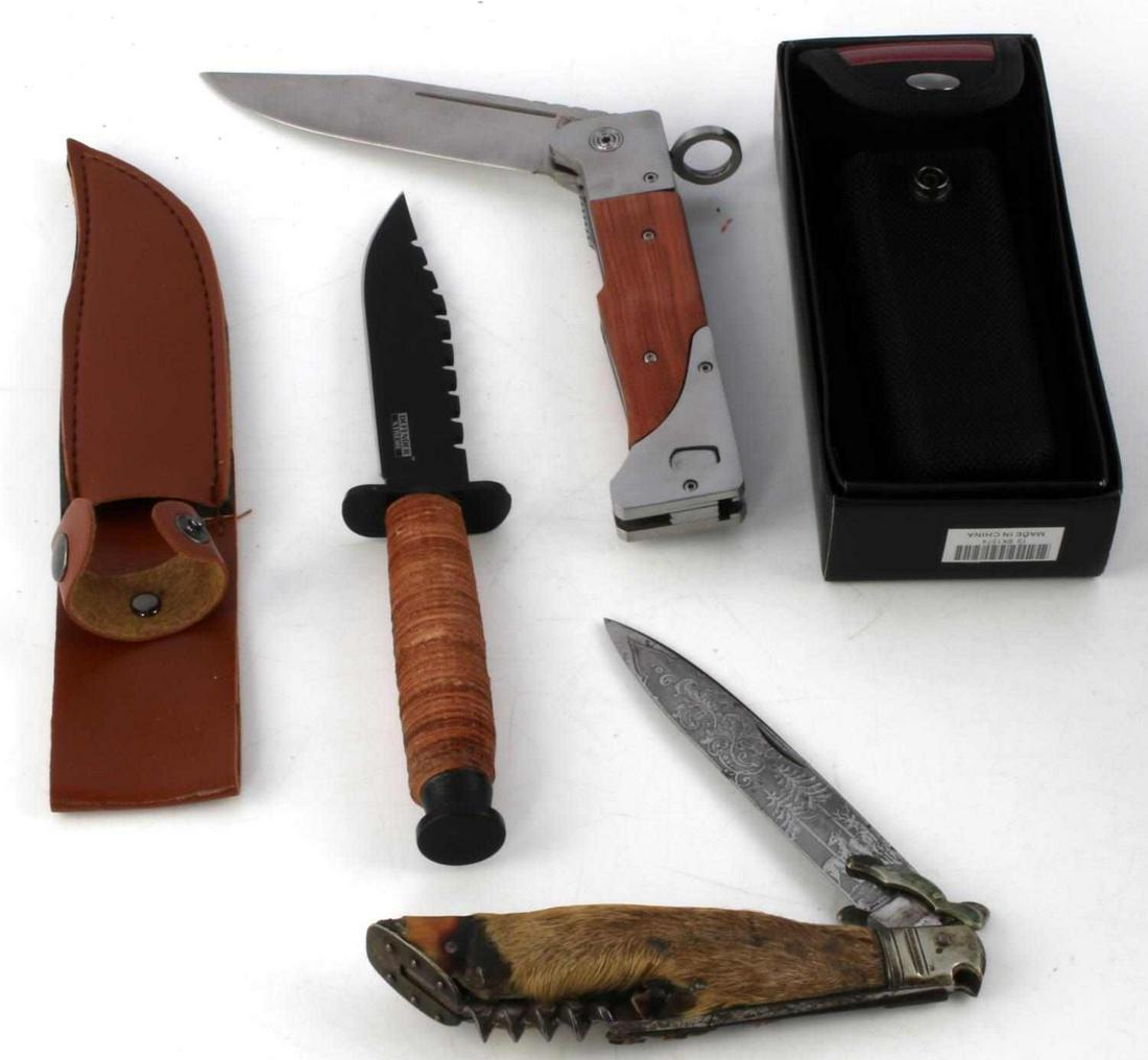 LOT OF 3 FOLDING & SURVIVAL KNIFE BLADE DEER FOOT: Lot of 3 Folding & Survival Knives includes; (1) BK1574 Bayonet style large pocket folding knife, measures approx. 10.5 inches extended with a 5 inch blade, comes with a cloth holster and in original 