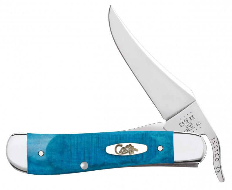 CASE CARIBBEAN BLUE BONE SAWCUT JIG RUSSLOCK KNIFE: New Case Sawcut Jigged Bone Carribean Blue knife has Oval script shield and mirror finish Tru-Sharp Surgical Steel one- hand assist opening Clip Blade Liner Lock. Dimensions: 4 1/8 inch (10.5cm) close