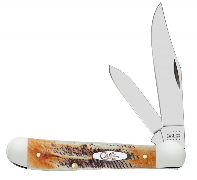 CASE 6.5 BONESTAG JIG COPPERHEAD POCKET KNIFE: New Case Copperhead knife features "Snake Head" pocket end bolster that covers blade tangs to prevent pocket snag, a jigged bone handle with Oval Script Shield and 2 blades (Clip and Pen). Dimensions: