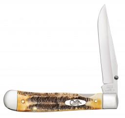 CASE KNIFE 6.5 BONESTAG 1 HAND ASSIST TRAPPERLOCK: This pocket knife as it all. New Case 6.5 Kickstart Trapperlock knife has a jigged Bonestag handle with Case Oval Script Shield and mirror polished Tru Sharp surgical steel one hand assist opening Cli