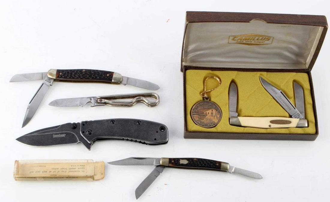5 VINTAGE POCKET KNIVES CAMILLUS KERSHAW SCHRADE: Lot features blades from Camillus, Schrade, and Kershaw. Mostly vintage. Measurements range 5 1/2 - 10 inches. Very good condition. Drop and clip point blades.