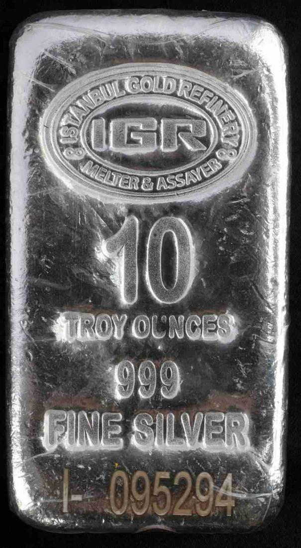 10 OZT 999 FINE SILVER BULLION BAR: 10 troy ounces .999 fine silver, IGR Serial # I-095294