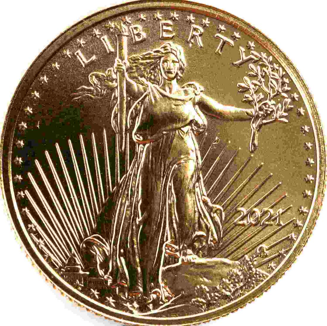 GOLD 1/10 OZ AMERICAN EAGLE BU COIN 2021 TYPE 2: Brilliant uncirculated gold coin