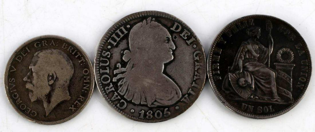 1805 8 REALE 1869 9 DECIMOS & 1919 HALF CROWN: Lot of 3 90% silver International coins. 1805 M 8 Reale G, 1869 Peruana Lima 9 Decimos EF and a 1919 British Half Crown VG. Grading is approximated.
