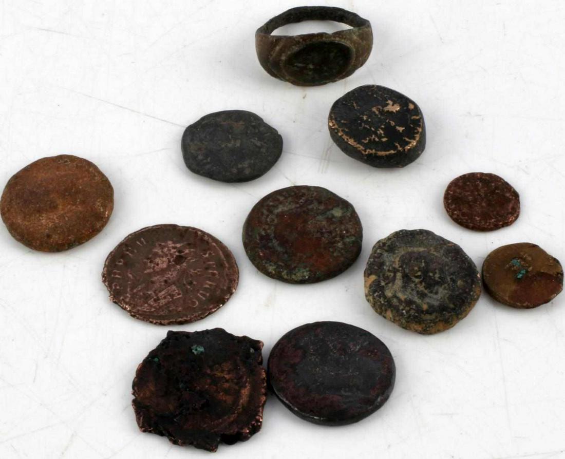 ANCIENT COIN LOT ROMAN GREEK BYZANTINE & INDO: Lot of 10 coins a nd 1 Roman ring. Brass and copper coins in various states of condition. Lot includes Byzantine Justinian, Greek & Indo-Scythian Tetradrachm (Christmas coin of the Magi), Roman Tremis