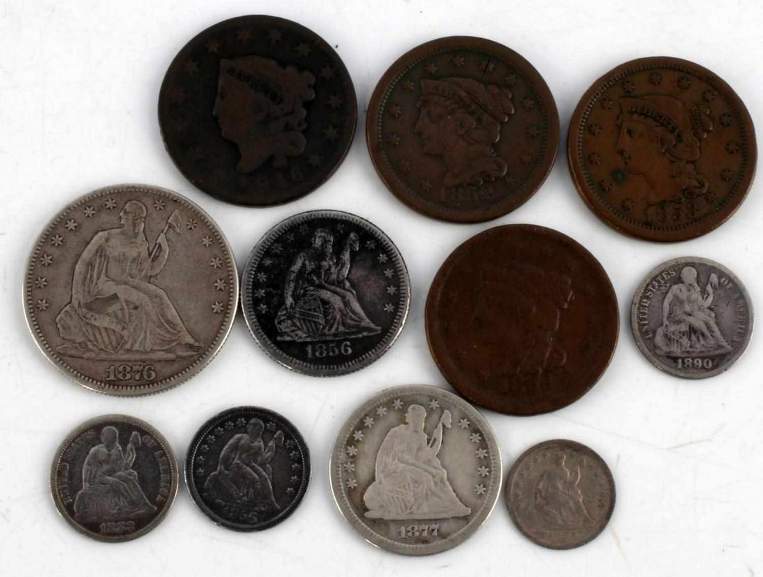 11 LARGE CENT & SEATED LIBERTY US COIN W HALF DIME: Lot of 7 Seated Liberty includes: 1855-O Half Dime VF , 1856 Dime VF, 1883 Dime VF, 1890 Dime VG, 1877 Quarter G, 1856-O Quarter F, 1876 Half Dollar VG. Lot of 4 Large cent: 1816 G, 1852 VF, 1853 EF,