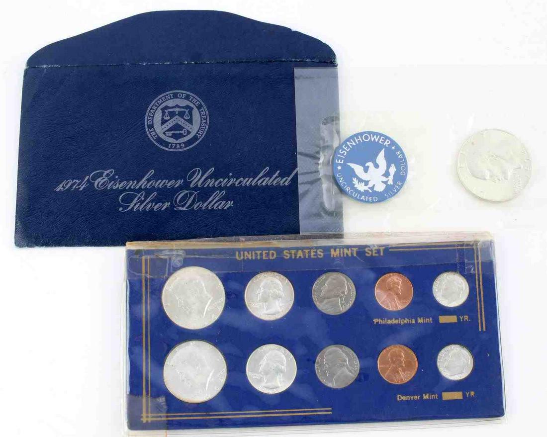 1964 SILVER P&D COIN SETS & 1974 IKE BLUE DOLLAR: Silver blu Ike dollar and 2 1964 P&D silver sets in bu