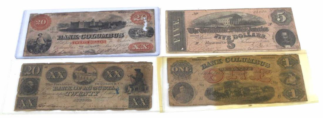 US & CONFEDERATE CURRENCY OBSOLETE BANK NOTES: Lot of 4 includes: 1844 $20 Bank of Augusta, 1859 $20 Bank of Columbus, $1 Bank of Columbus date undetermined. Each of these 3 has pin holes and loss to edges. The $20 BOC has a 26 x 10mm section of l