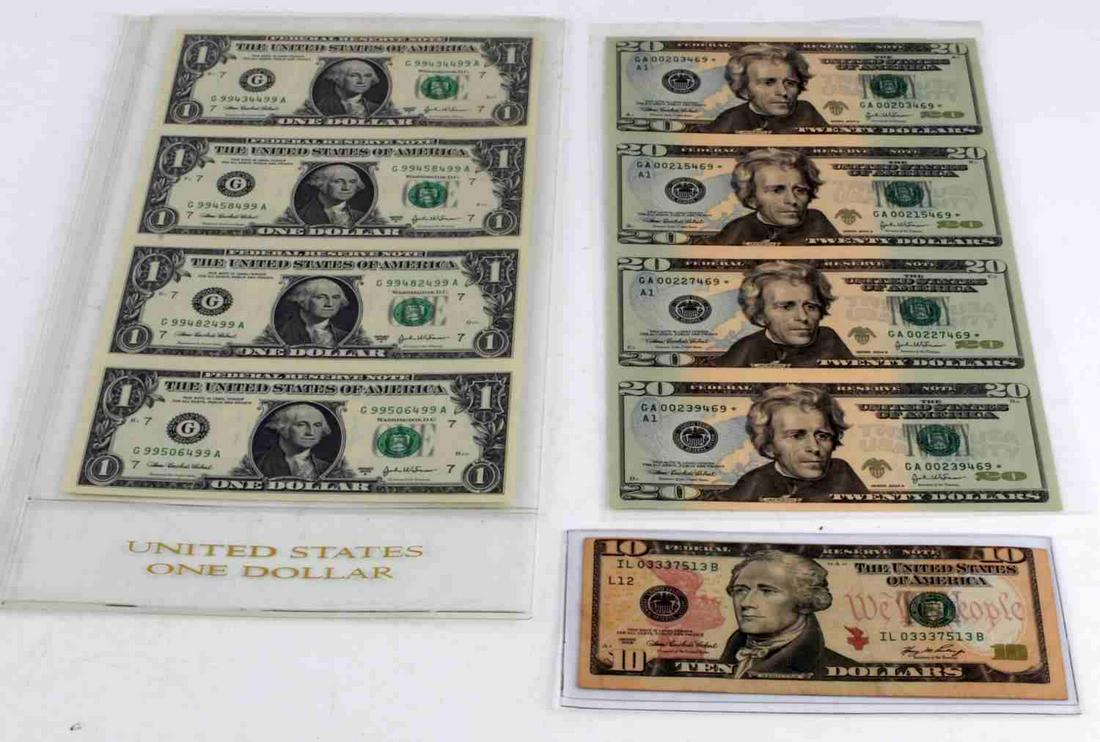 UNCUT & MISS CUT US CURRENCY FACE VALUE 94 DOLLARS: Lot contains: 4 uncut $20 bills, 4 uncut $1 bills and 1 miss cut $10 bill. This lot has a reserve.
